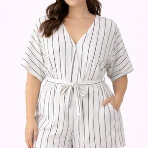 Cupshe Black & Gold Stripe Romper XL NWT Tie Waist Kimono Sleeve $32 Retail